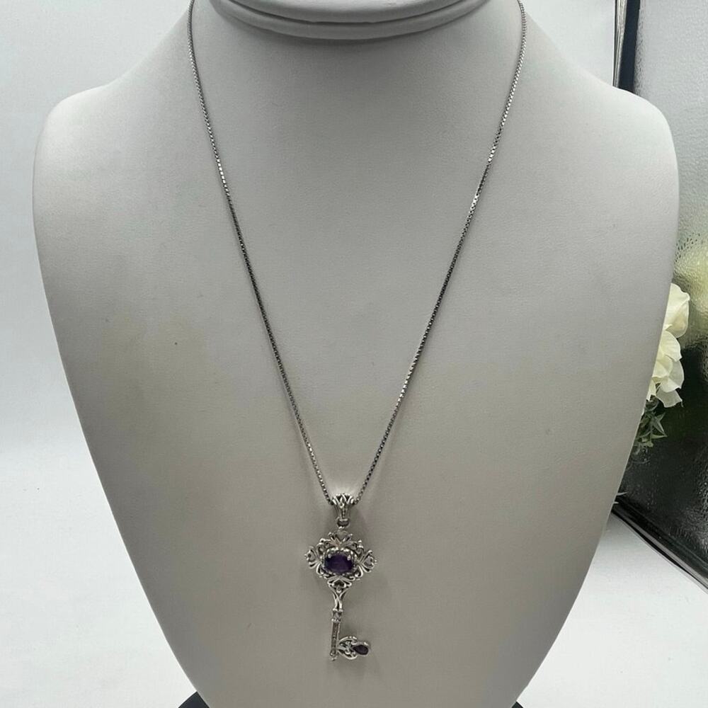 Designer Star Signed Sterling Silver Amethyst and Diamond‎ Key Pendant Necklace